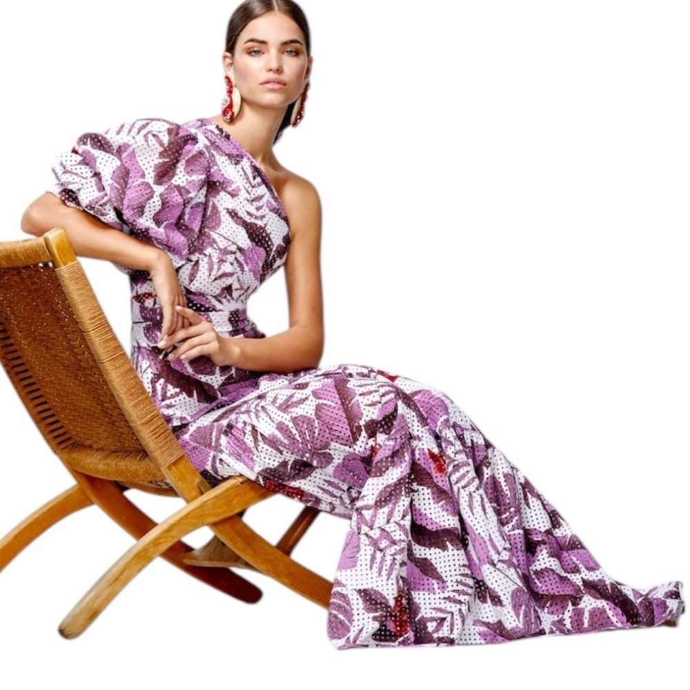 Johanna Ortiz Gardens of Marrakesh Eyelet Dress One Shoulder Purple Maxi Size 2